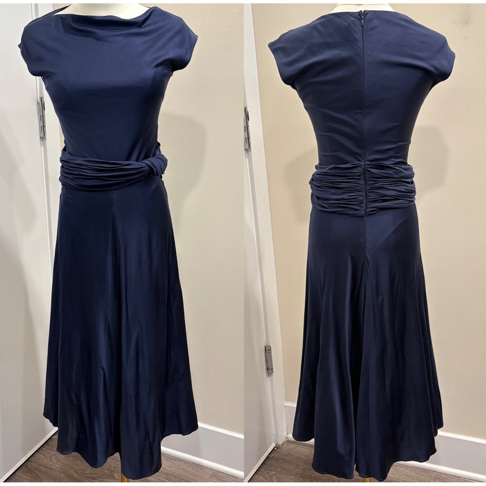 Giambattista Valli Navy Blue 100% Silk Jersey Boat Neck Midi Dress XXS Luxury